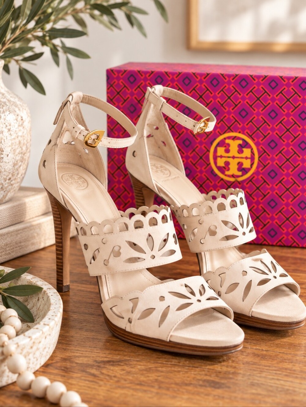 Tory Burch May 105mm Lancaster Suede Heeled Sandals Desert Blush Size 9.5